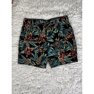 George Mens Hawaiian Bermuda Shorts 36 Black Pockets Belt Loops Cotton Stretch